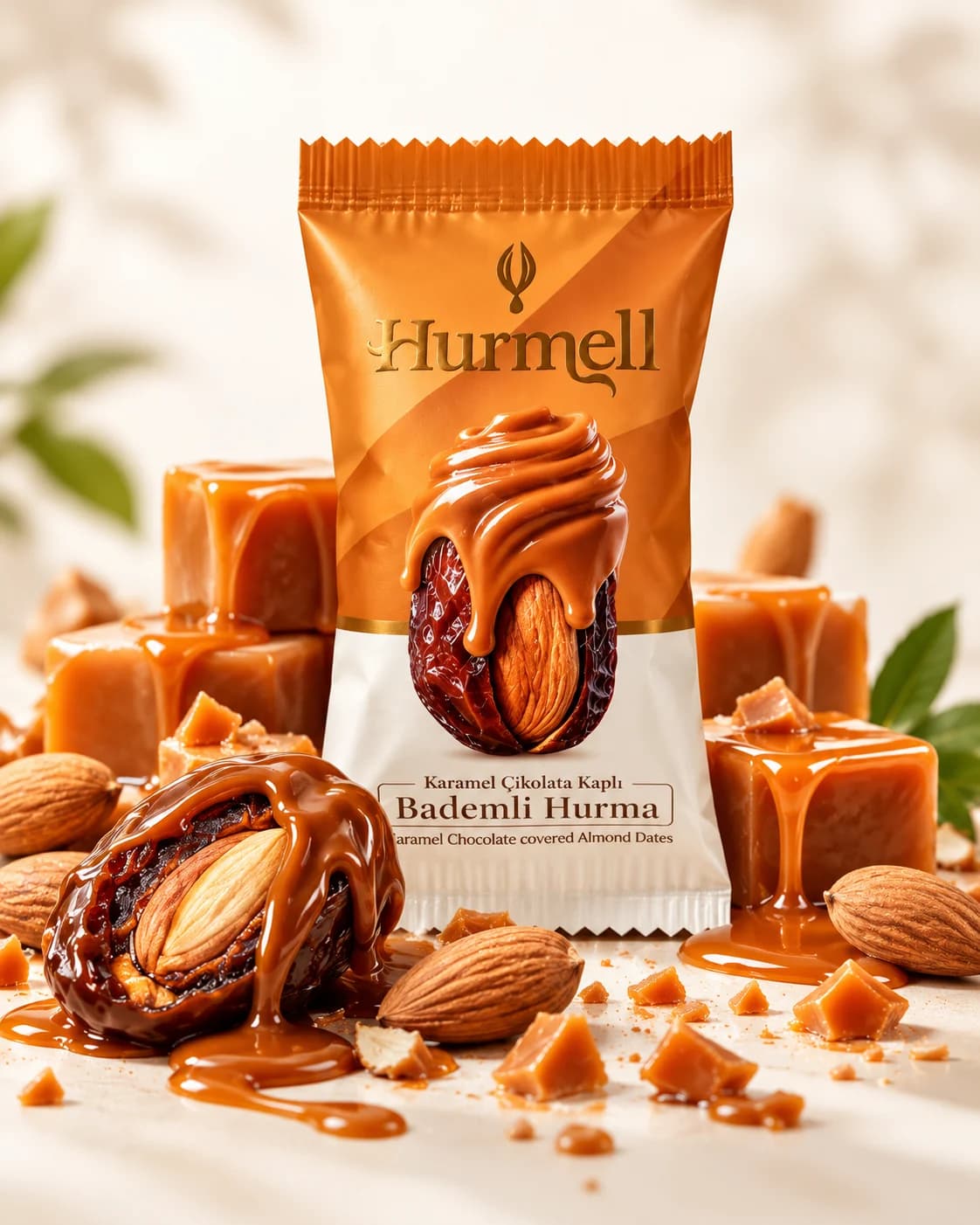 Hurmell Karamel Çikolata Kaplı Bademli Hurma paketi, karamel küpleri ve bademlerle